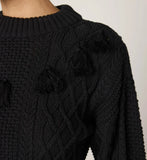 Black Cable-Knit Sweater with Fringe Detail