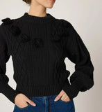 Black Cable-Knit Sweater with Fringe Detail
