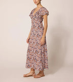 Pink & Blue Floral Flutter-Sleeve V-Neck Maxi Dress