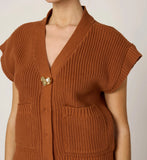 Caramel V-Neck Knit Vest with Heart Buckle