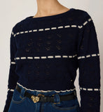 Navy Contrast-Stripe Openwork Knit Top