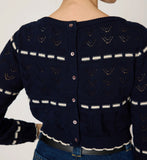 Navy Contrast-Stripe Openwork Knit Top