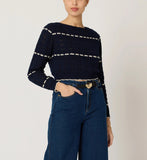 Navy Contrast-Stripe Openwork Knit Top
