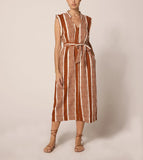 Caramel Stripe Tie-Waist V-Neck Midi Dress