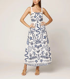White Vacation Embroidery Square Neck Maxi Dress